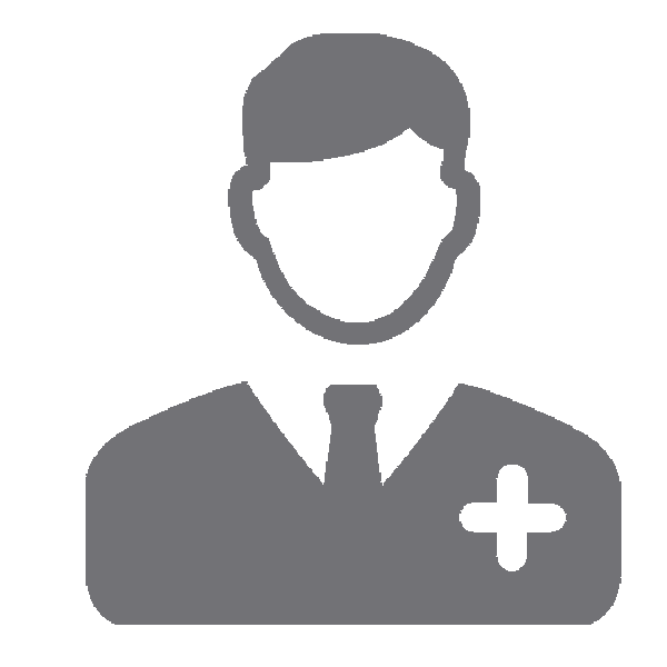 Gray icon of male dentist or dental professional with plus symbol on chest