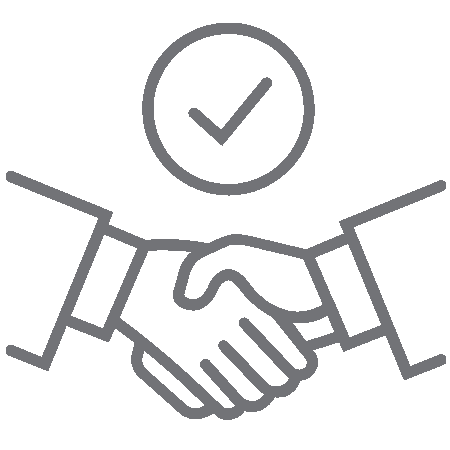 Two hands shaking with checkmark icon above, representing dental partnership and agreement.