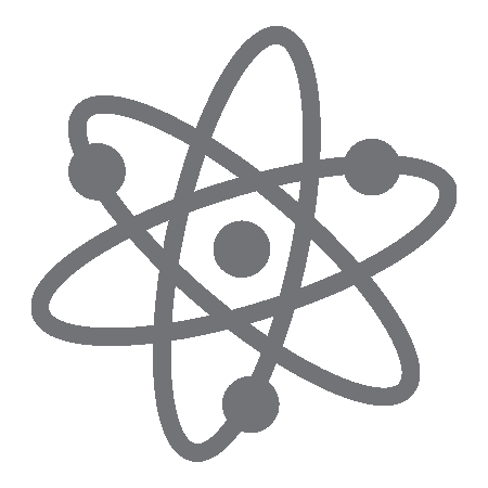 Gray atom symbol with orbiting electrons and nucleus representing science and innovation in dentistry.