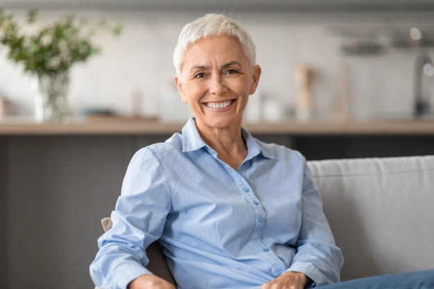 Smiling mature woman with white hair in light blue shirt sitting on couch in modern office setting.